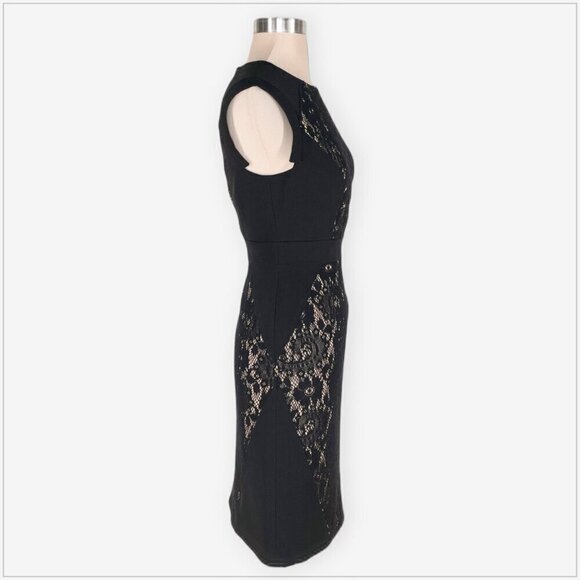 Adrianna Papell Black Lace Nude Panel Fitted Stretch Knit Cocktail Dress 2 - Picture 3 of 5